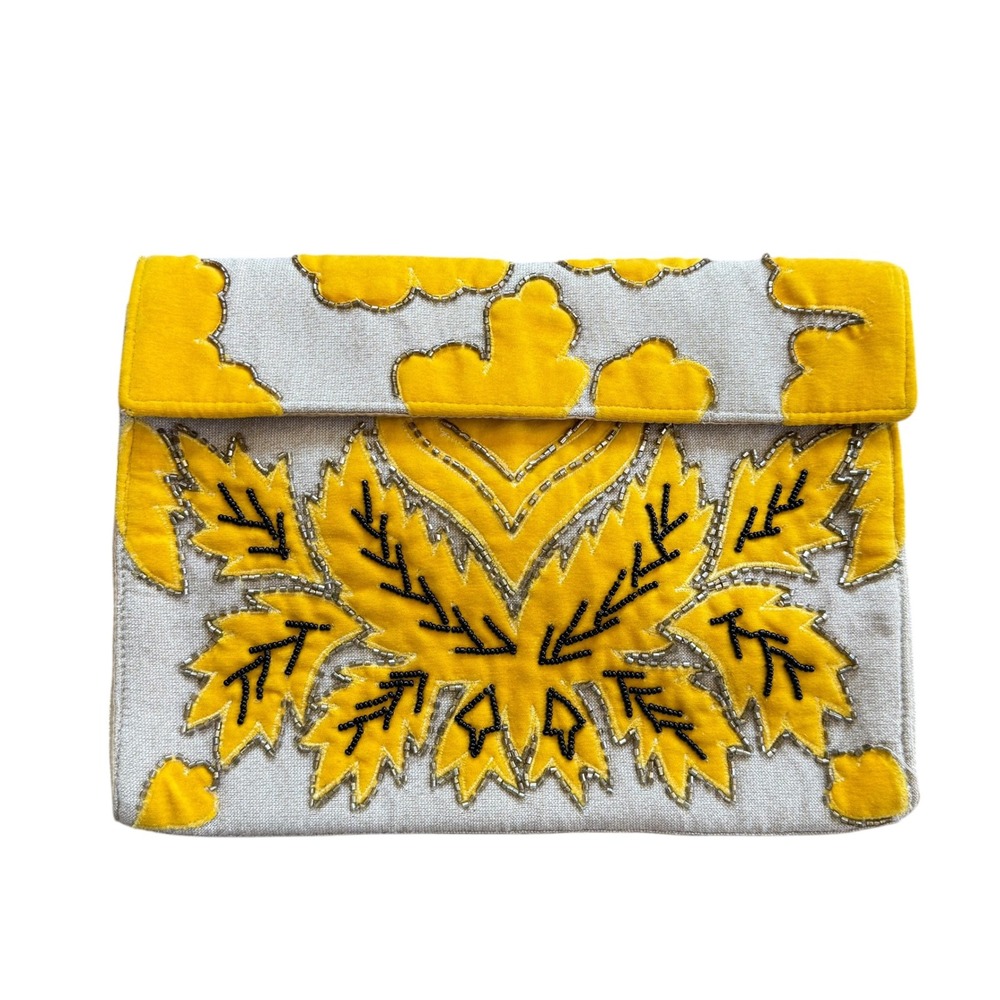 Lulus Yellow Beaded Velvet Leaf Cotton Envelope Clutch Bag Handcrafted